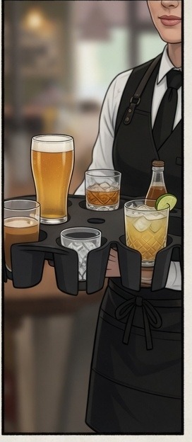 Close-up of a pint, rocks glass, cocktail and bottle locked into the ArmCaddy wells