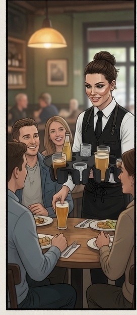 Server delivering drinks to a full table without weaving