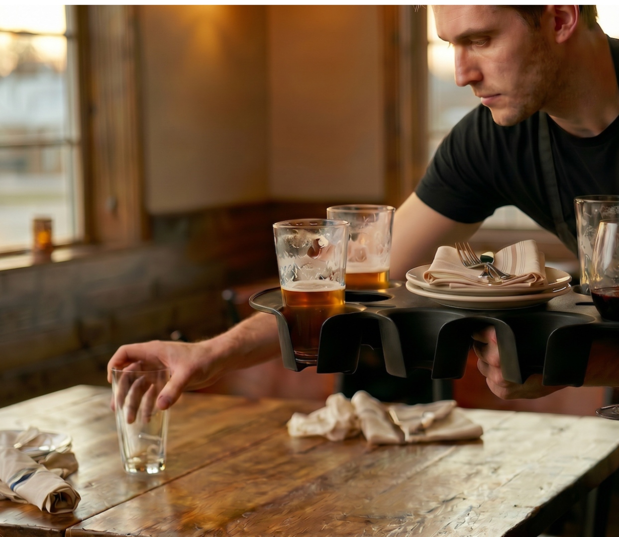 Server clearing a table with the ArmCaddy — drinks and plates carried securely in one trip